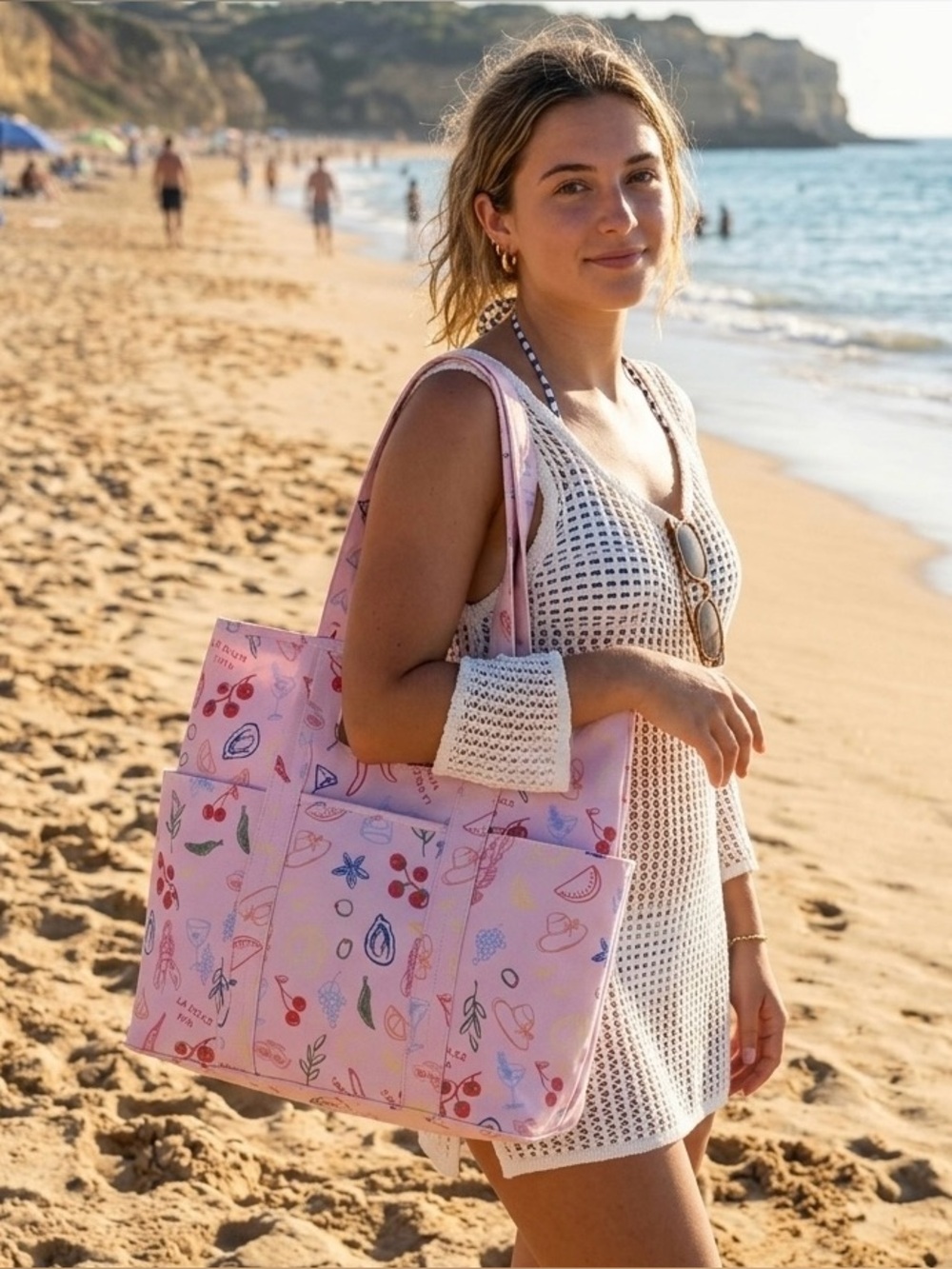 NEW La Dolce Vita Pink Printed Beach Tote Bag w/ Wristlet Summer Travel Picnic